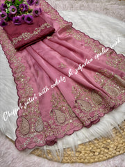 Party-wear Soft Satin Chiffon Coding & Sequence Work Saree