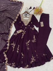 Party-wear Wine Georgette Sequence Embroidery Work Gown