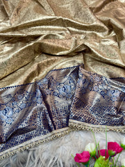 Beautiful Rich Golden-Beige & Navy-Blue Silk Saree