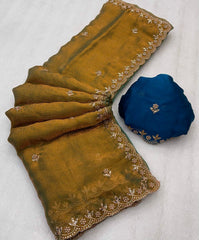 Party-wear Fendy Chiffon Flower Embroidery With Hand Moti Work Saree