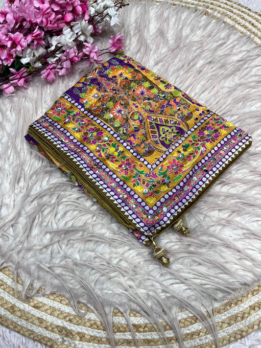 Beautiful Digital Printed Mirror Work Saree