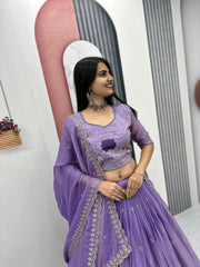 Festive Special Moss Shimmar Embroidery Thread & Pip Val Work Lehenga With Stitched Blouse