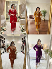 Party-wear Velvet Embroidery With Real Mirror Wok Co-ord Set