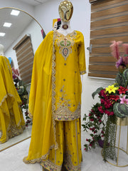 Designer Party-wear Chinon Silk Embroidery & Sequence Work Sharara Suit