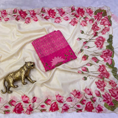 Beautiful Soft Tabby Silk Floral Prints With Beads & Katdana Handwork Saree