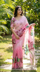 Beautiful Soft Organza With Floral Prints & Beads Katdana Handwork Border Saree