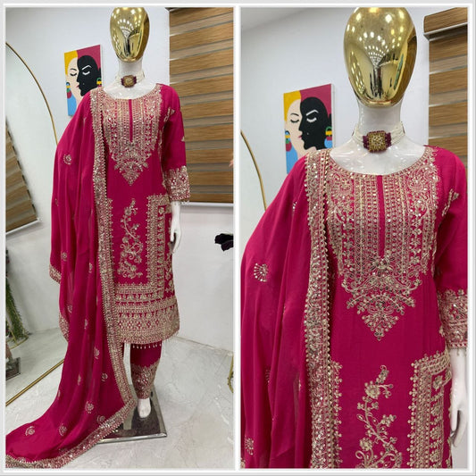 Party-wear Chinon Silk Sequence Embroidery Coding & Moti Work Suit