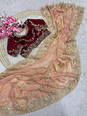 Beautiful Fendy Chiffon Coding & Sequence Embroidery Saree With Stitched Blouse