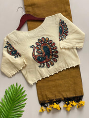 Beautiful Pure Khadi Cotton With Apllic Work Peacock Designer Blouse Saree