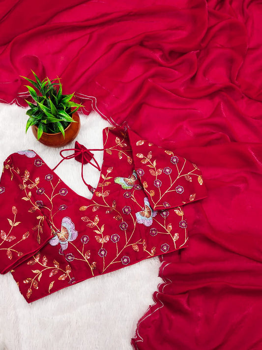 Beautiful Fendy Satin Zari Cut Work Saree With Moti Work Stitched Blouse