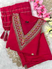 Beautiful Roman Silk Embroidery With Sequence Work Tomato Pink Dress