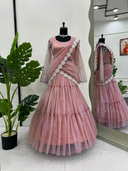 Party-wear Twil Organza Ruffle Style Ready To Wear Lehenga Saree