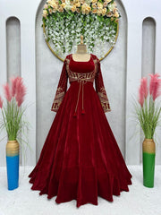 Party-wear Velvet Thread With Sequence Work Gown