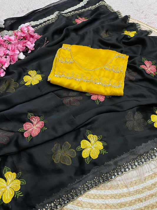 Beautiful Rangoli Silk With Multi Embroidery With Real Mirror Work Saree