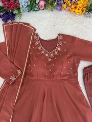 Party-Wear Georgette Handwork Neck Sleeve Fully Stitched Gown