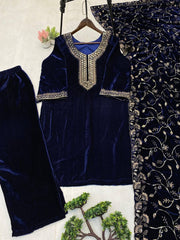 Winter Special Velvet Sequence Embroidery Work Suit