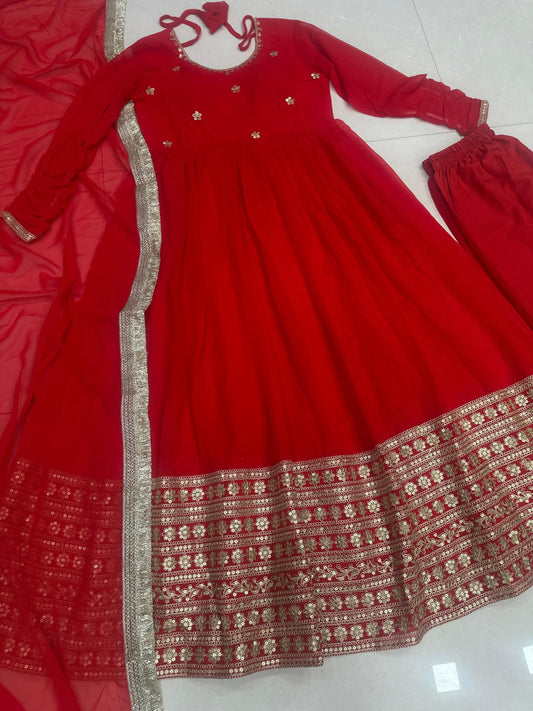 Perfect Blend Of Grace & Tradition Red Georgette Gown