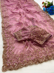 Beautiful Space Silk With Beautiful Original Golden Beads Work Saree With Stitched Blouse