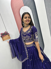 Festive Special Vichitra Silk Embroidery Thread & Sequence Work Lehenga With Stitched Blouse