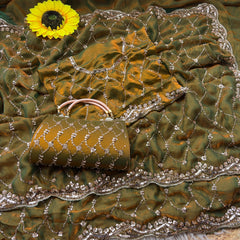 Party-wear Space Silk With Real Gold Beads With Cutwork Border Saree