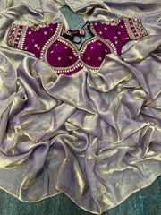 Beautiful Heavy Space Silk Saree With Designer Stitched Blouse