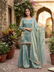 Party-wear Fendy Silk Embroidery Sequence & Real Mirror Work Sharara