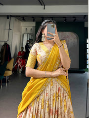 Beautiful Dola Chex Floral Printed With Zari Weaving Work Lehenga Choli