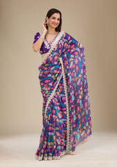 Beautiful Premium Georgette Digital Printed Embroidery Codding Sequence Work Saree