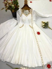 Beautiful White Upada Silk Embroidery Work Gown