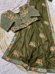 Party-wear Star Georgette Embroidery Multi Work Saree With Stitched Blouse