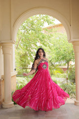 Navratri Special Georgette Laheriya Printed With Kutchi Patchwork Gown