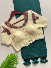 Beautiful Pure Khadi Cotton With Apllic Work Star Designer Blouse Saree