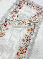 Beautiful Jimmy Choo Thread & Embroidery Work Designer Saree With Stitched Blouse