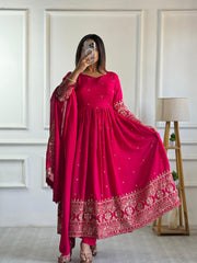 Beautiful Pink Blooming Vichitra Silk Embroidery Sequence Designer Work Gown
