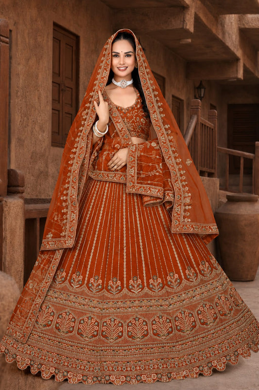Rust Orange Trending Premium Silk With Zarkan Diamond & Embroidery Work Bridal Lehenga