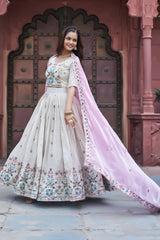 Festive Special Pure Tissue Silk Embroidery Sequence Thread Work Lehenga With Stitched Blouse