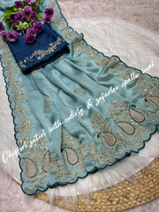 Party-wear Soft Satin Chiffon Coding & Sequence Work Saree