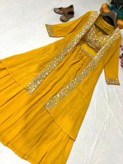 Elegant Mustard Yellow Embroidered Indo Western Lehenga Set