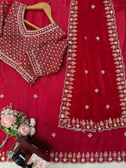 Trending Designer Cherry Red Fendy Silk Beads Thread & Sequence Work Saree