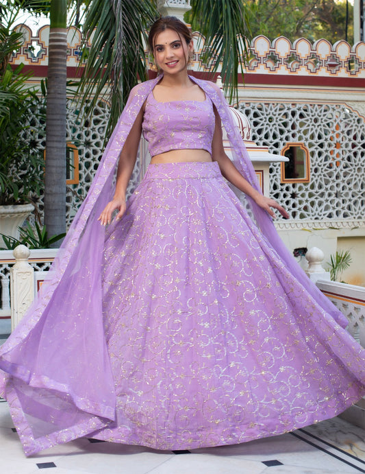 Lavender Love Chinon Silk Embroidered Zari Work Lehenga Choli