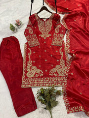 Wedding Season Special Glass Roman Silk Coding Sequence with Embroidery Work Suit