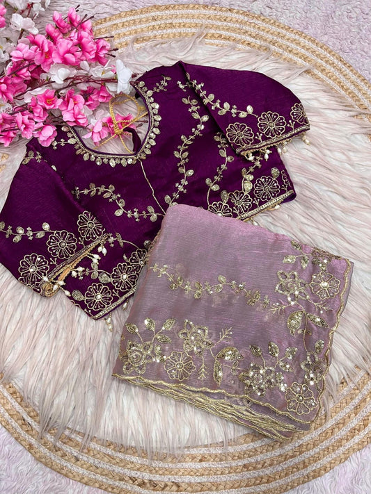 Beautiful Fendy Chiffon Coding & Sequence Embroidery Saree With Stitched Blouse