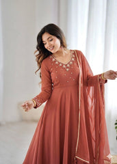 Party-Wear Georgette Handwork Neck Sleeve Fully Stitched Gown