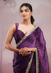 Trending Party-wear Soft Burberry Silk Embroidery & Real Mirror Hand Work Saree