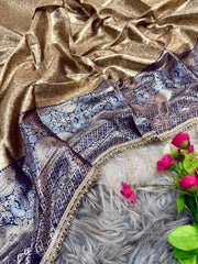 Beautiful Rich Golden-Beige & Navy-Blue Silk Saree