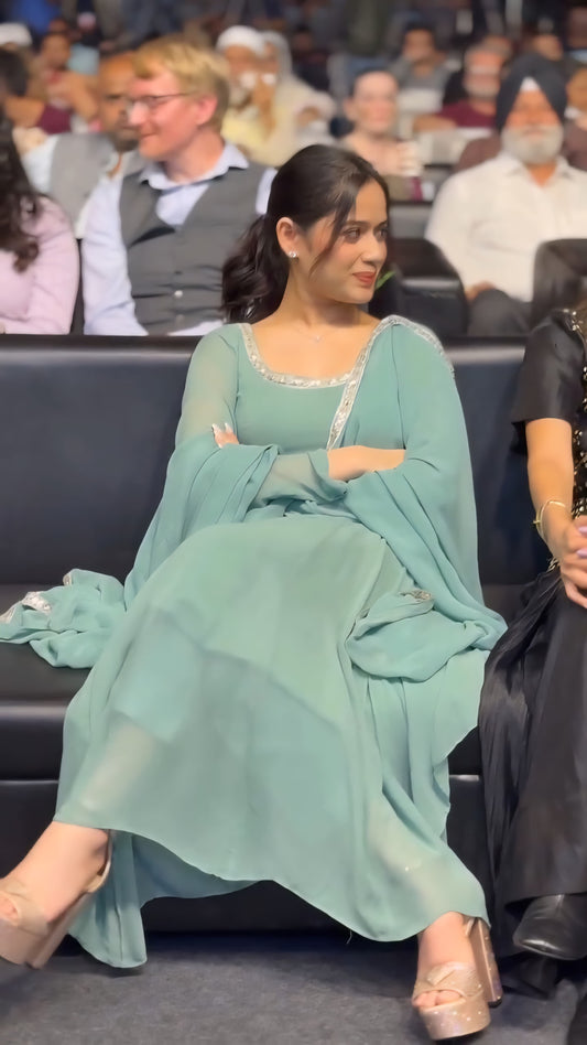 Beautiful Jannat Jubair Inspired Gold & Silver Cham Cham Sequence Anarkali Set