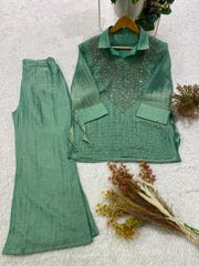 Trendy Stylish Salsa Silk Designer Shirt & Pant With Hand Embroidery Shrug