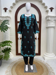 Elegant Black Color Roman Silk Work Suit
