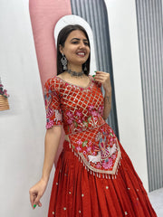 Wedding Wear Vichitra Silk Embroidery Thread & Sequence Work Lehenga With Stitched Blouse