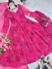Pink Designer Georgette Real Mirror & Hand Work Digital Printed Gown